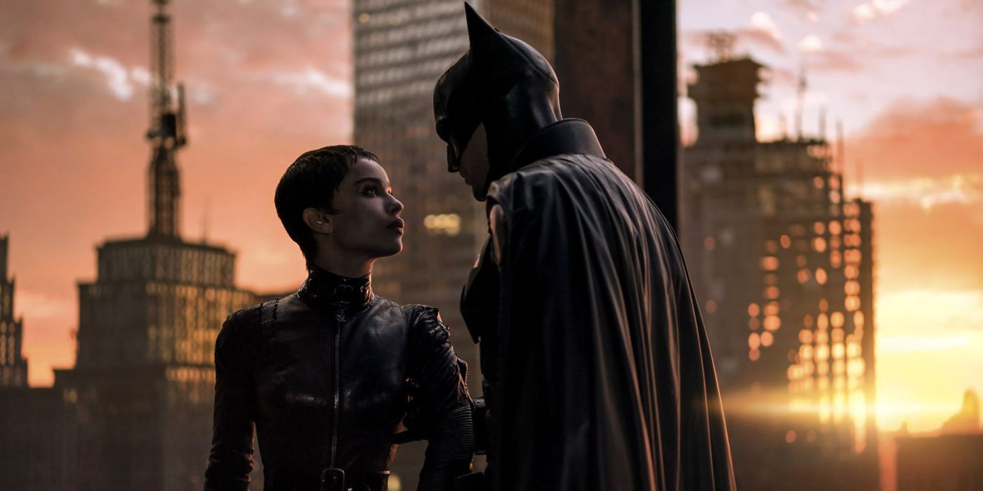 Batman and Catwoman overlooking the Gotham skyline in The Batman