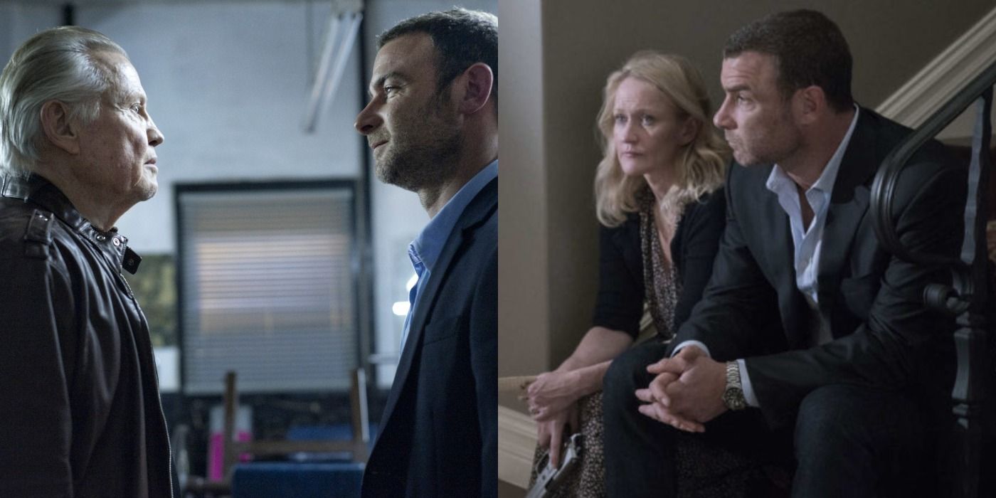 Split image showing Ray arguing with his father and Ray talking to Abby in Ray Donovan