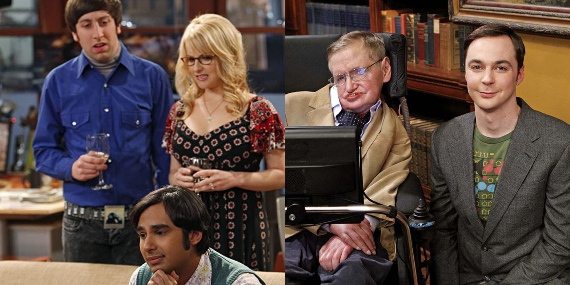 Split image showing Howard and Bernadette looking at Raj, and Sheldon with Stephen Hawking in TBBT