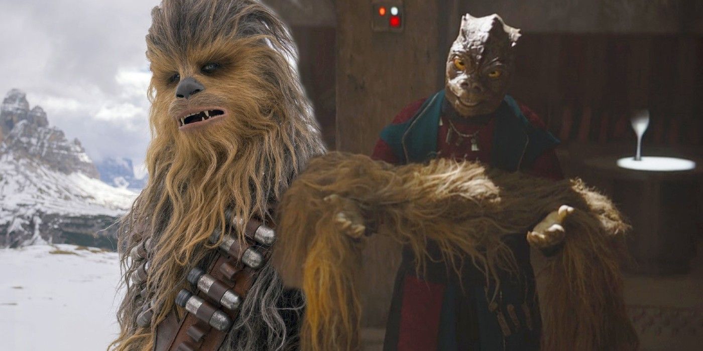 Superimposed image of Chewbacca in Star Wars &amp; Book of Boba Fett's Trandoshan with a Wookiee Pelt