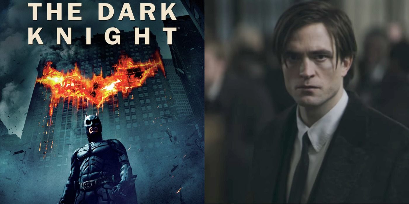 The Dark Knight Movie Poster and Robert Pattinson Split Image