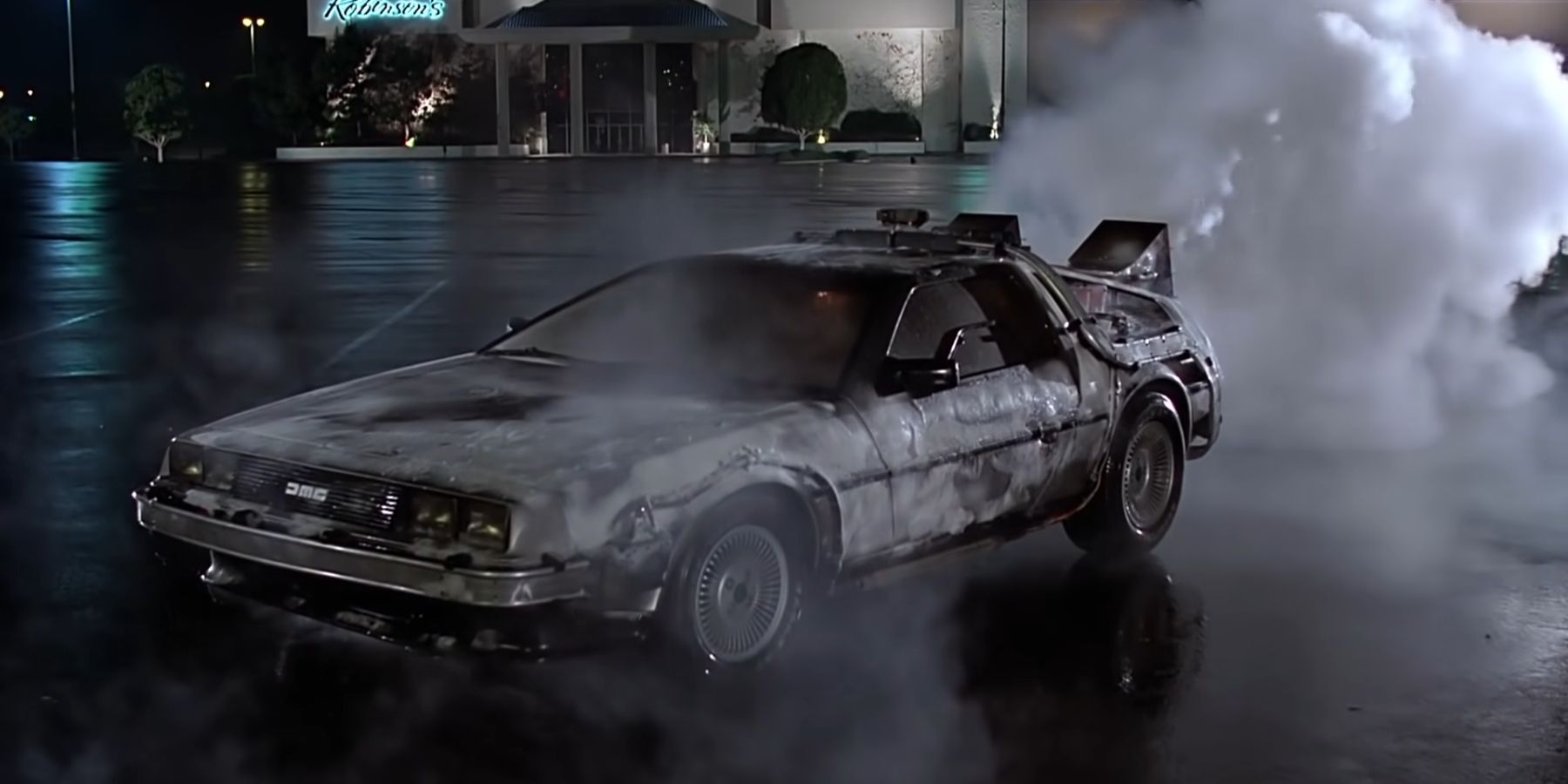 The DeLorean frozen and smoking in Back To The Future Part I