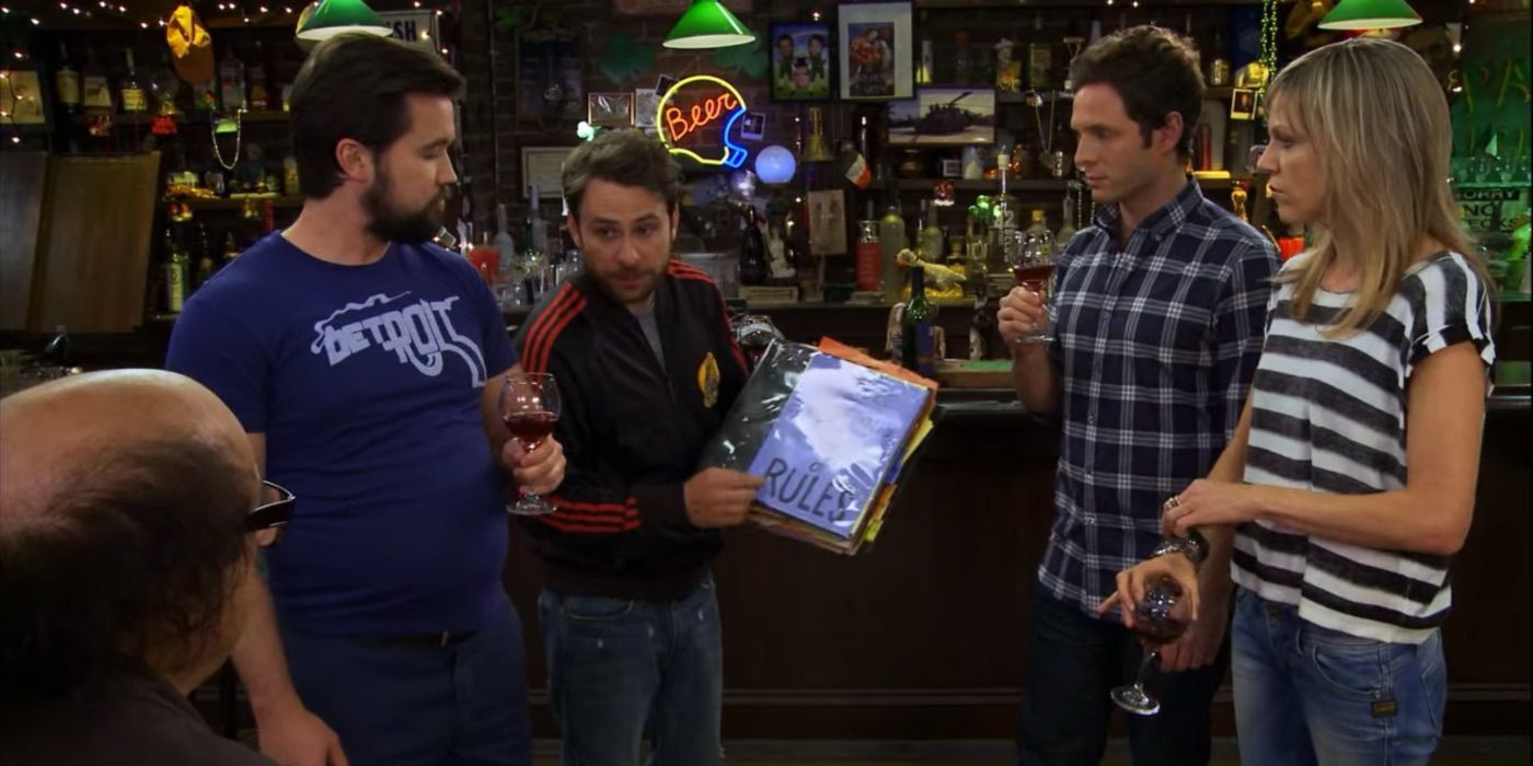 The Gang looking at the rules for Chardee MacDennis in It's Always Sunny in Philadelphia.