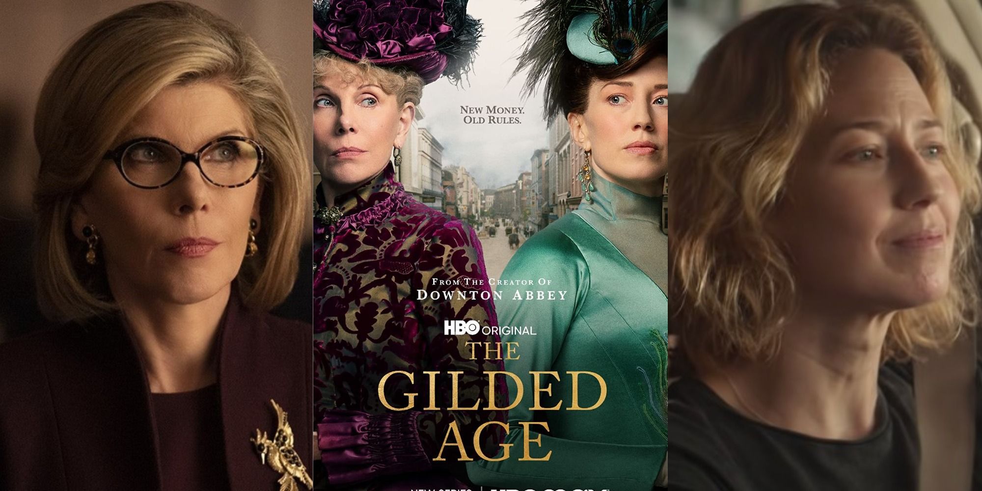 Split image showing Diane in The Good Fight, the poster for The Gilded Age, and Callie in Ghostbusters: Afterlife
