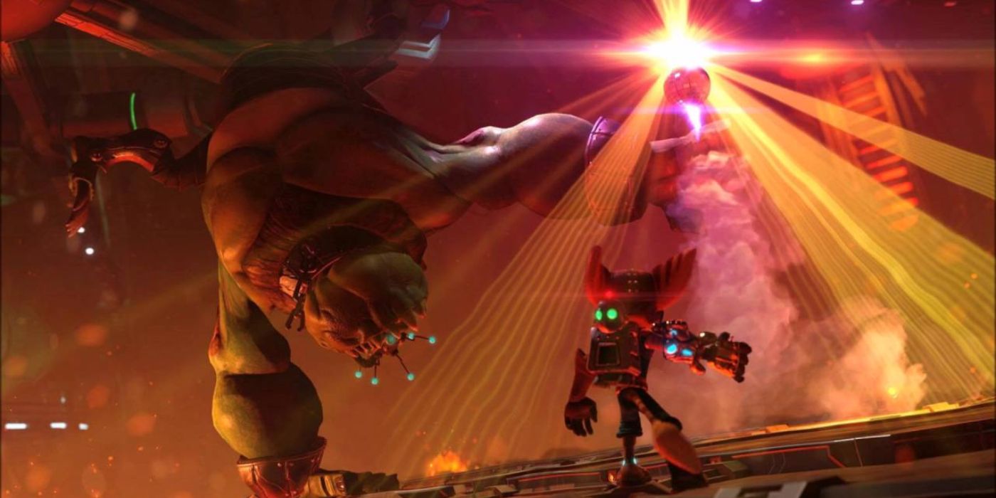 Ratchet using the Groovitron against a boss in Ratchet &amp; Clank.