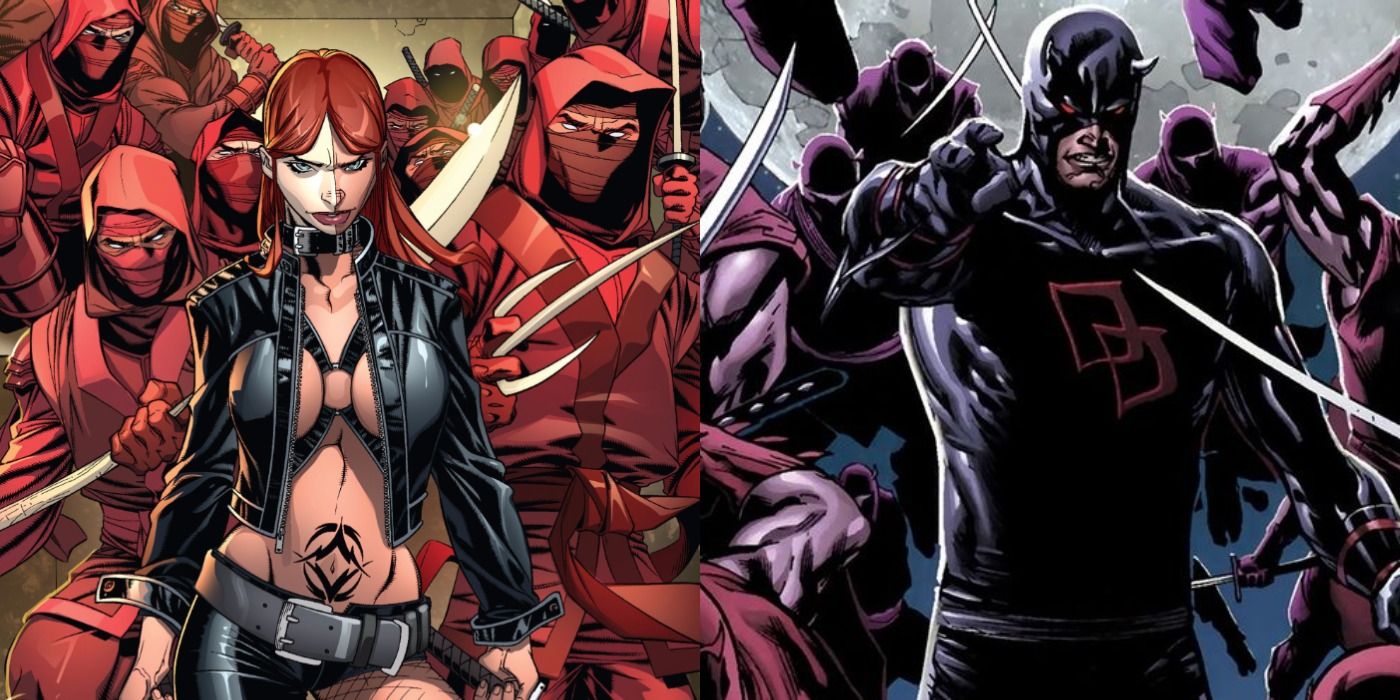 Split image of Typhoid Mary and Daredevil leading The Hand