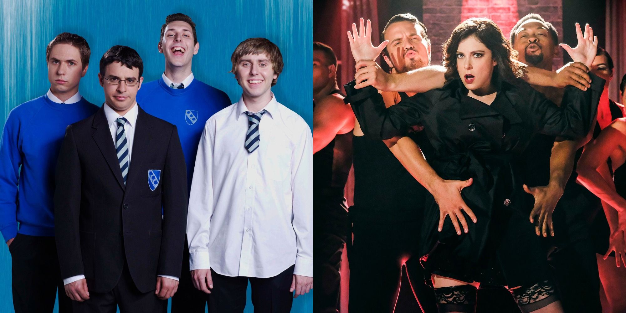 Split image showing characters from The Inbetwenners and Crazy Ex-Girlfriend
