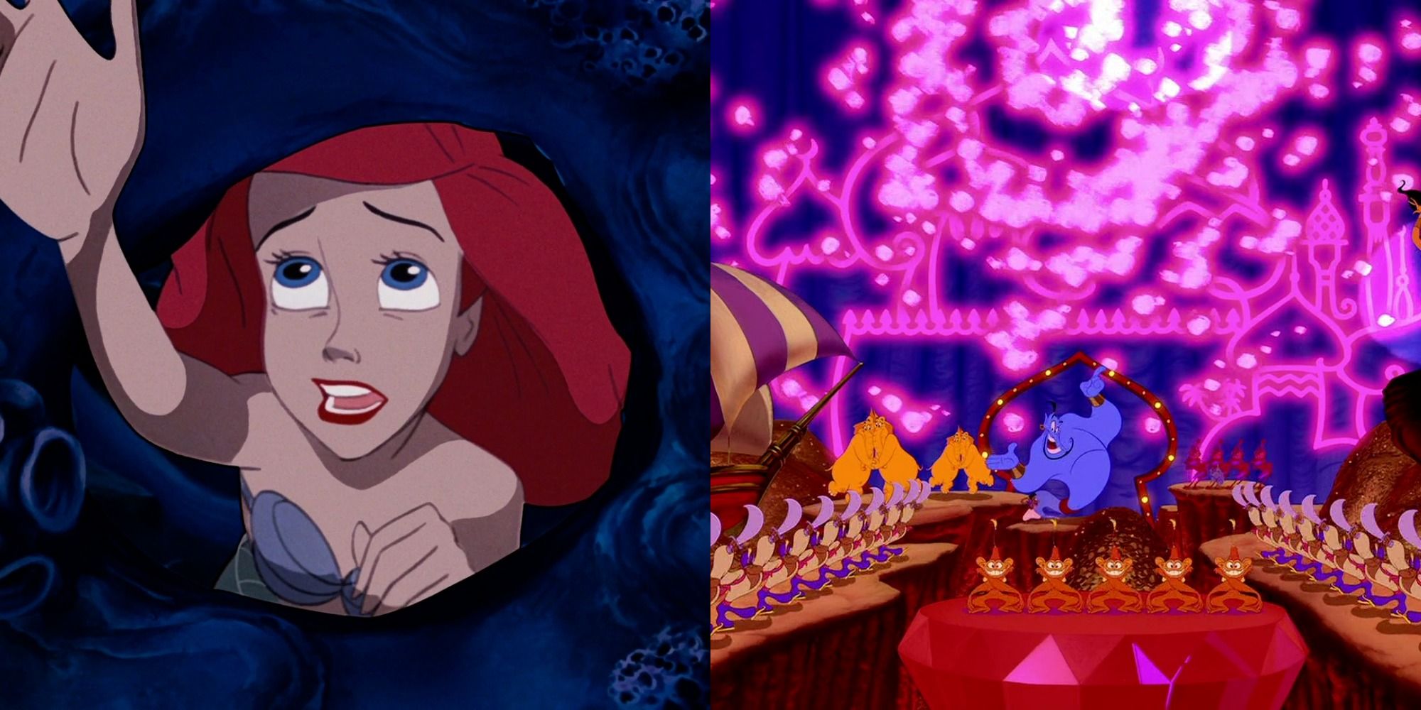 Split image showing Ariel in The Little Mermaid and Genie in Aladdin