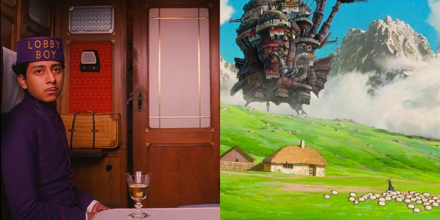 The Lobby Boy in purple on a train next to an image of Howl&#8217;s Moving Castle walking past a flock of sheep and a cottage