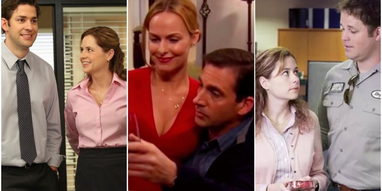 The Office US split image of Jim and Pam, Michael and Jan, Roy and Pam