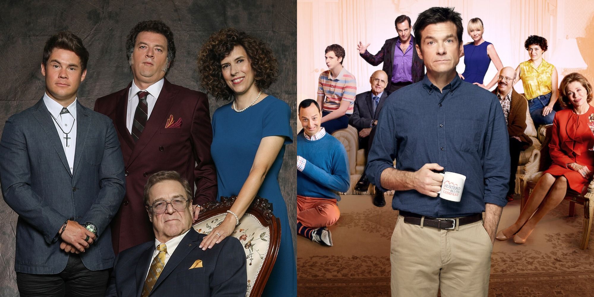 Split image showing the casts of The Righteous Gemstones and Arrested Development