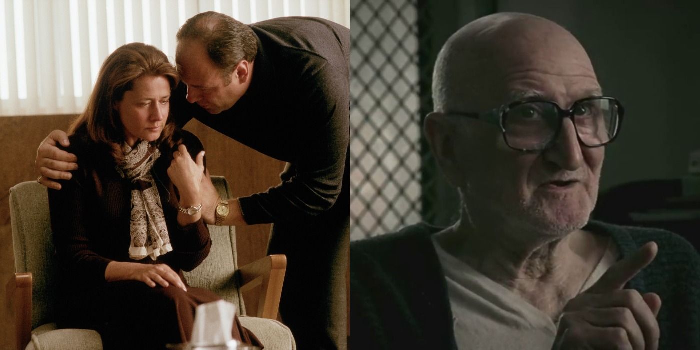 Split image showing Tony consoling Dr. Melfi and Junior strugglign to remember in The Sopranos