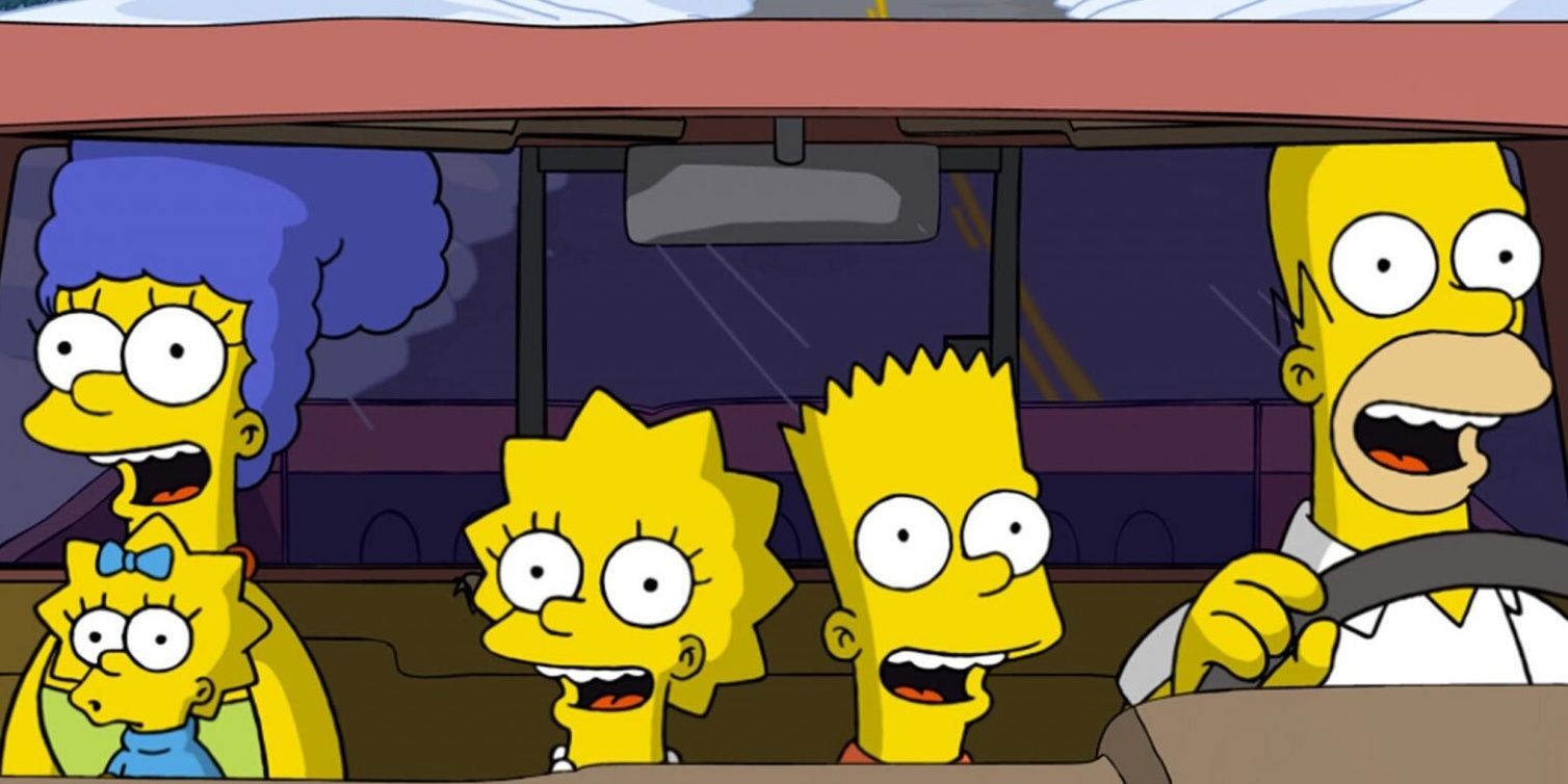 The family in the car together in The Simpsons Movie