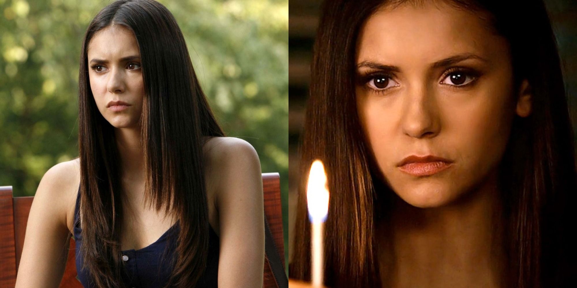 Split image showing Elena in a forest and holding a candle in TVD