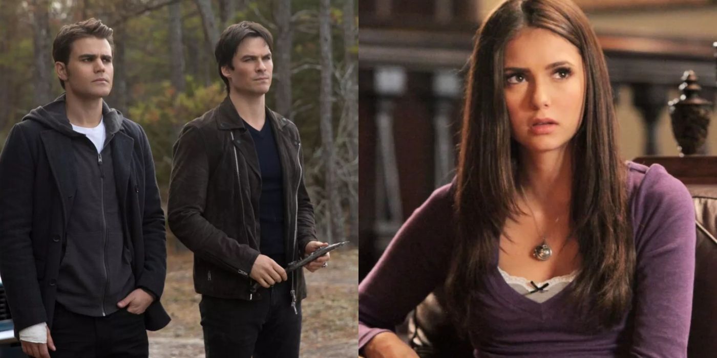Split image of Stefan, Damon, and Elena on The Vampire Diaries