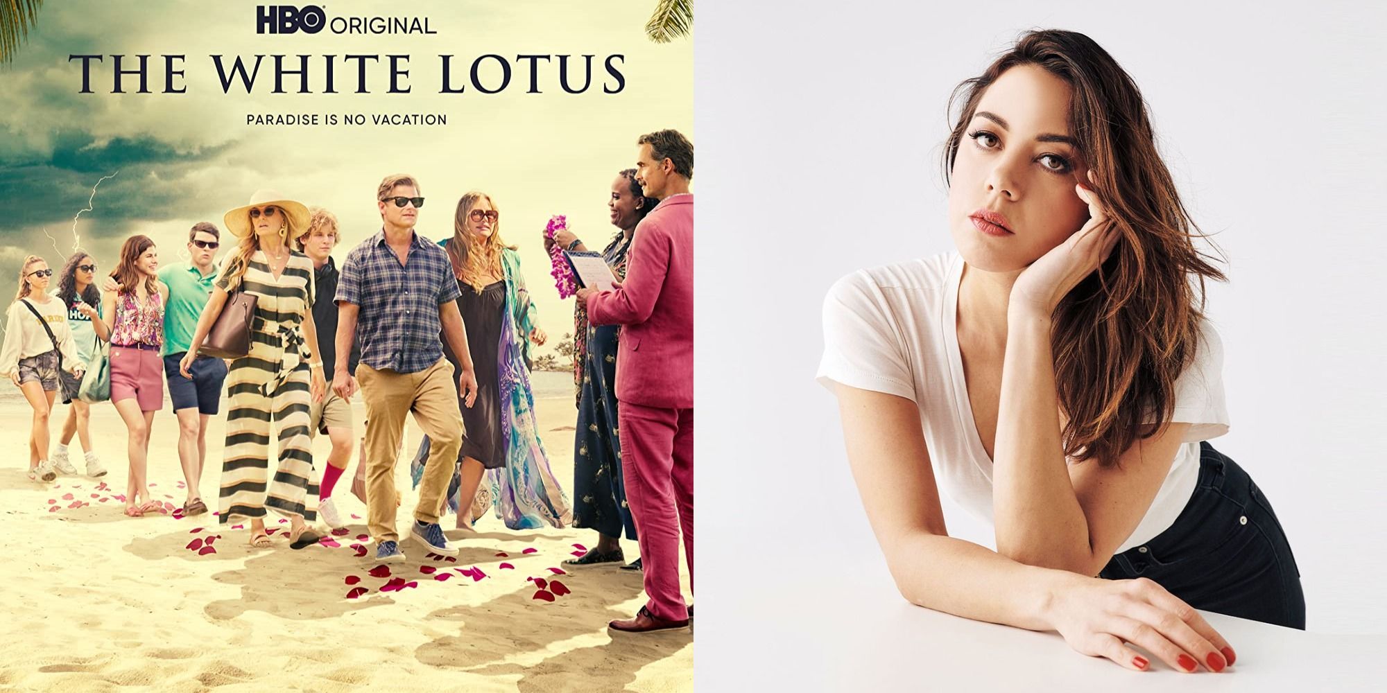 Split image showing the poster for The White Lotus and a photo of Aubrey Plaza