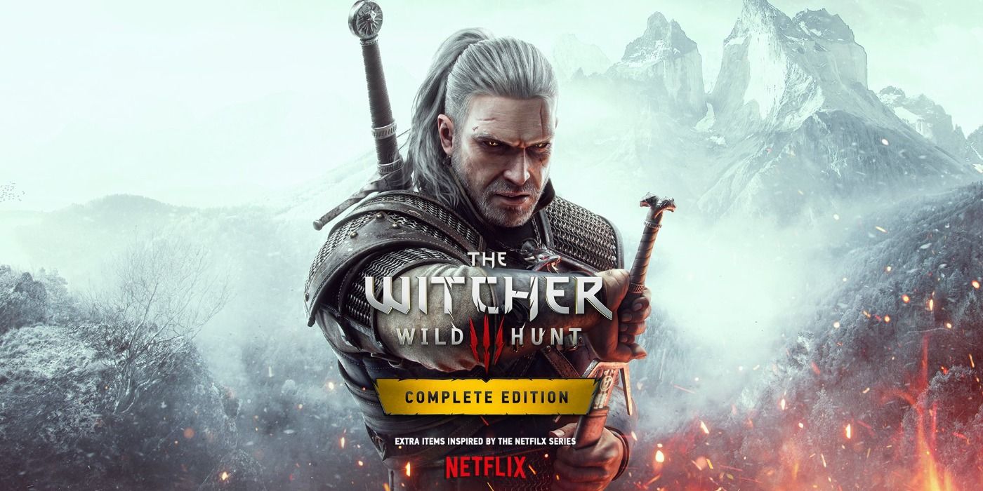 Geralt drawing his sword with a mountainous backdrop in promo art for The Witcher 3's remaster