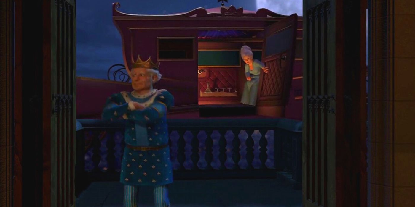 The king getting out of Fairy Godmother's chariot on Shrek 2