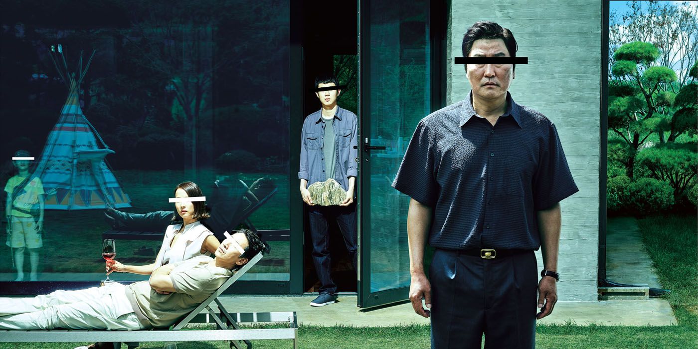 The poster for Parasite showing the main characters on a yard.