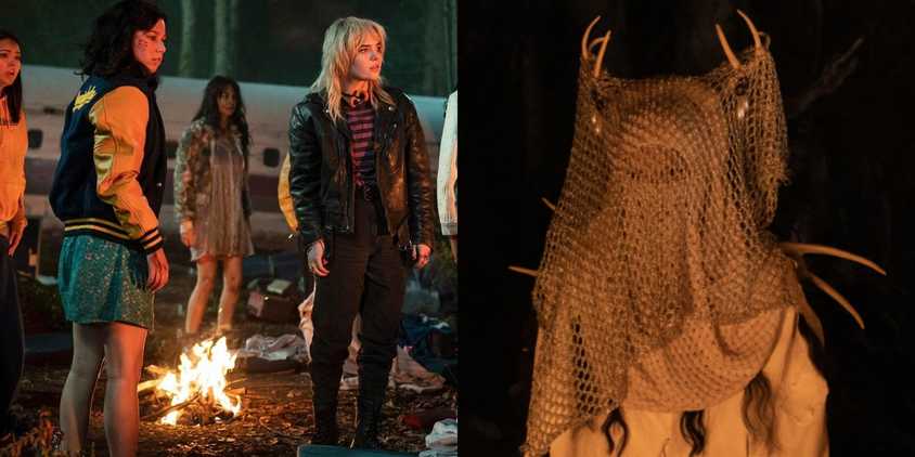 A split image showing the survivors and the Antler Queen in Yellowjackets.