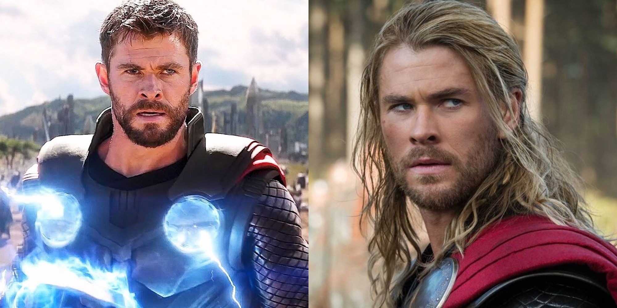 Split image showing Thor in Infinity War and in The Dark World