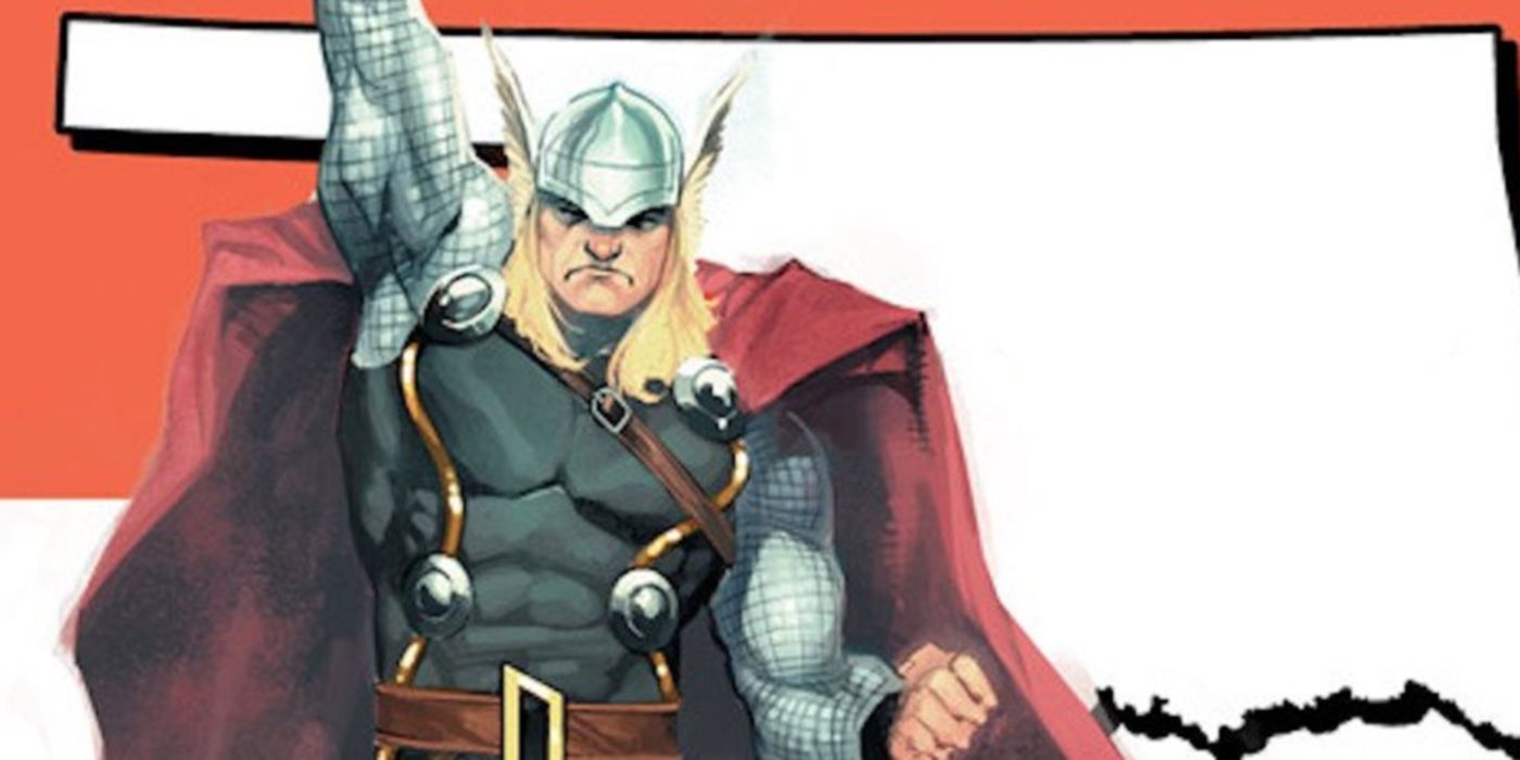 Thor raises his arm in battle in Marvel Comics.
