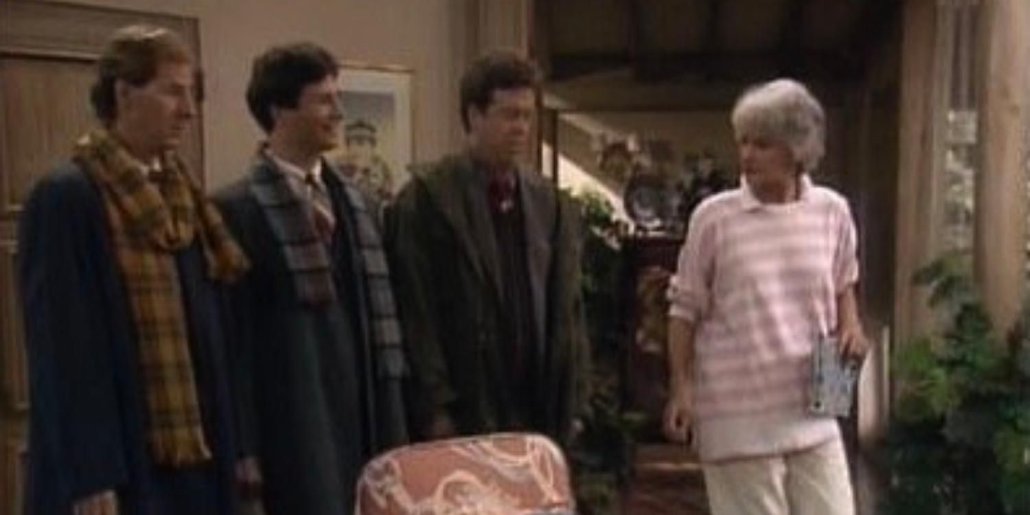 Three men from St Olaf with Dorothy in the living in The Golden Girls