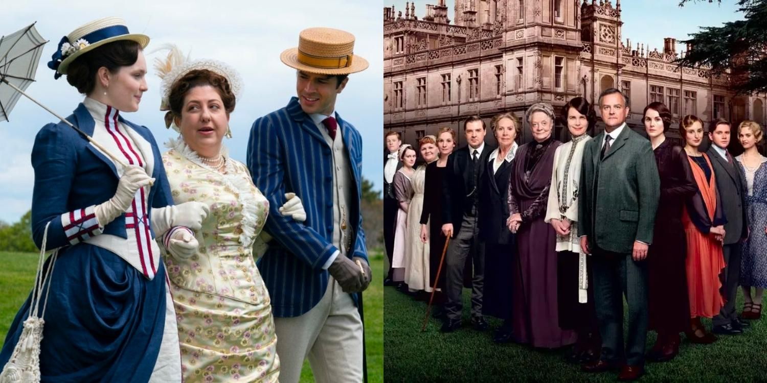 Three people walking together in The Gilded Age and the main cast standing together outside of Downton Abbey