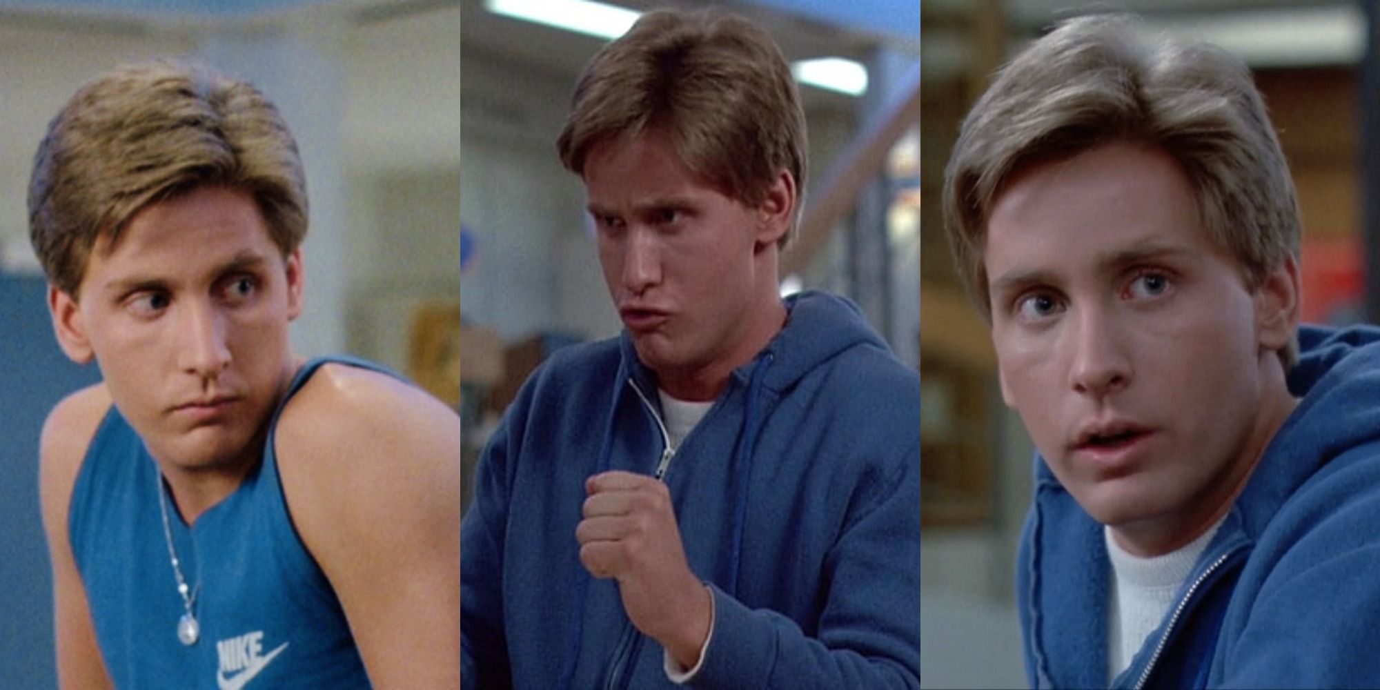 Three side by side images of Emilio Estevez as Andrew Clark in The Breakfast Club