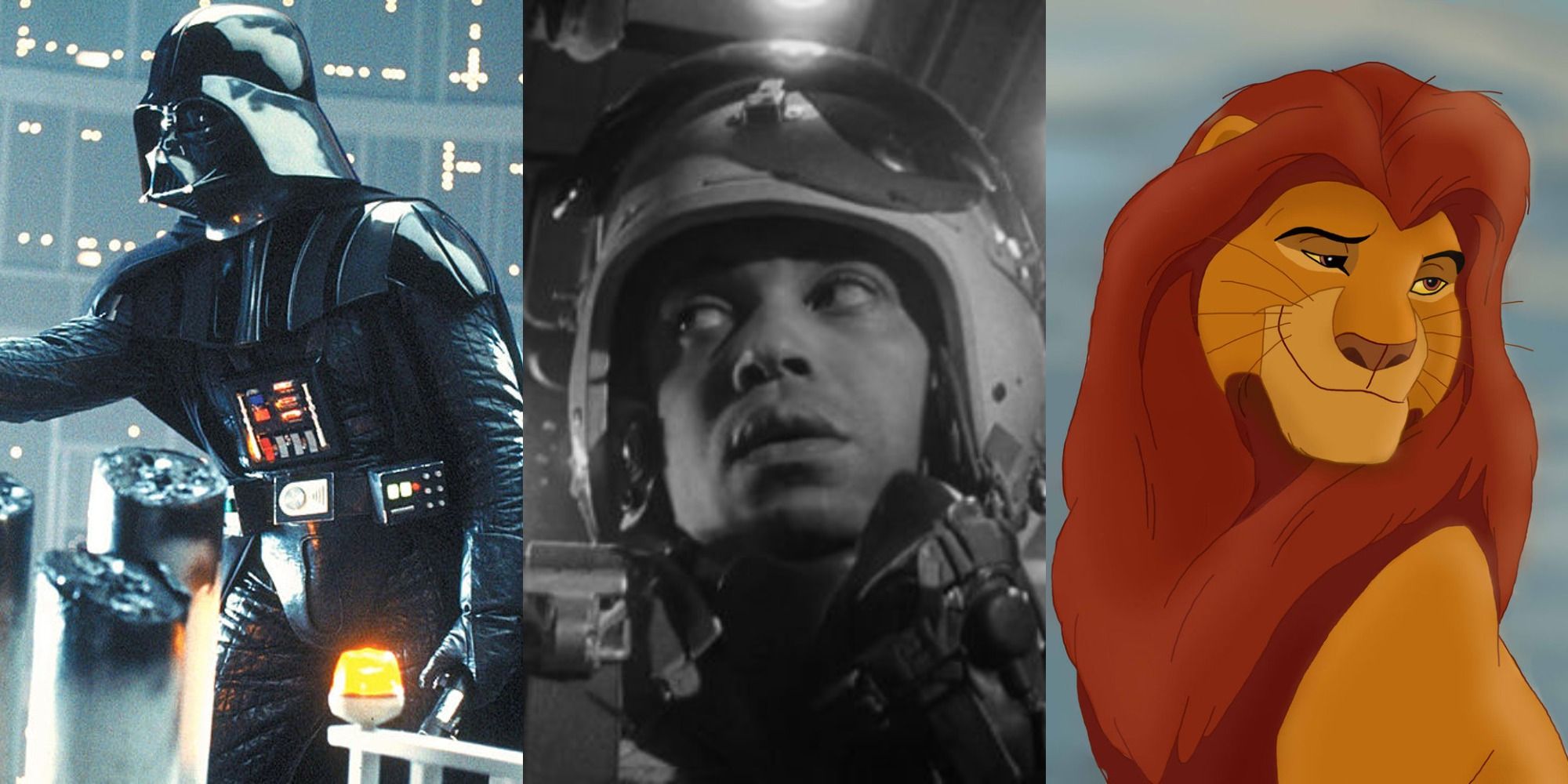 Three side by side images of James Earl Jones in Star Wars, Dr. Stragelove and The Lion King