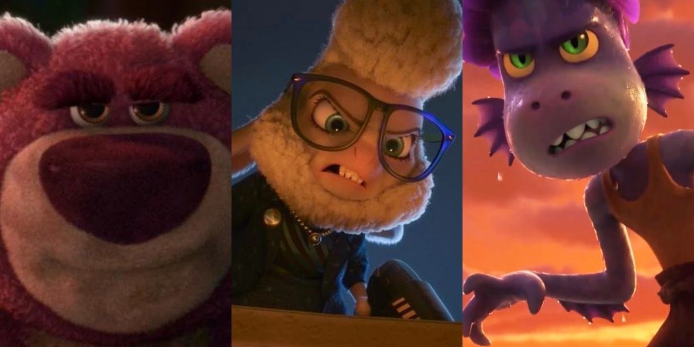 Three side by side images of Lotso, Bellwether, and Alberto from Disney movies