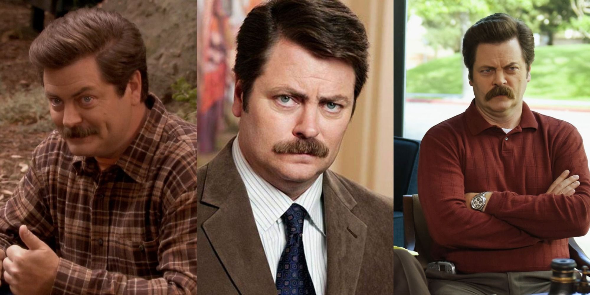 Three side by side images of Ron in Parks and Rec