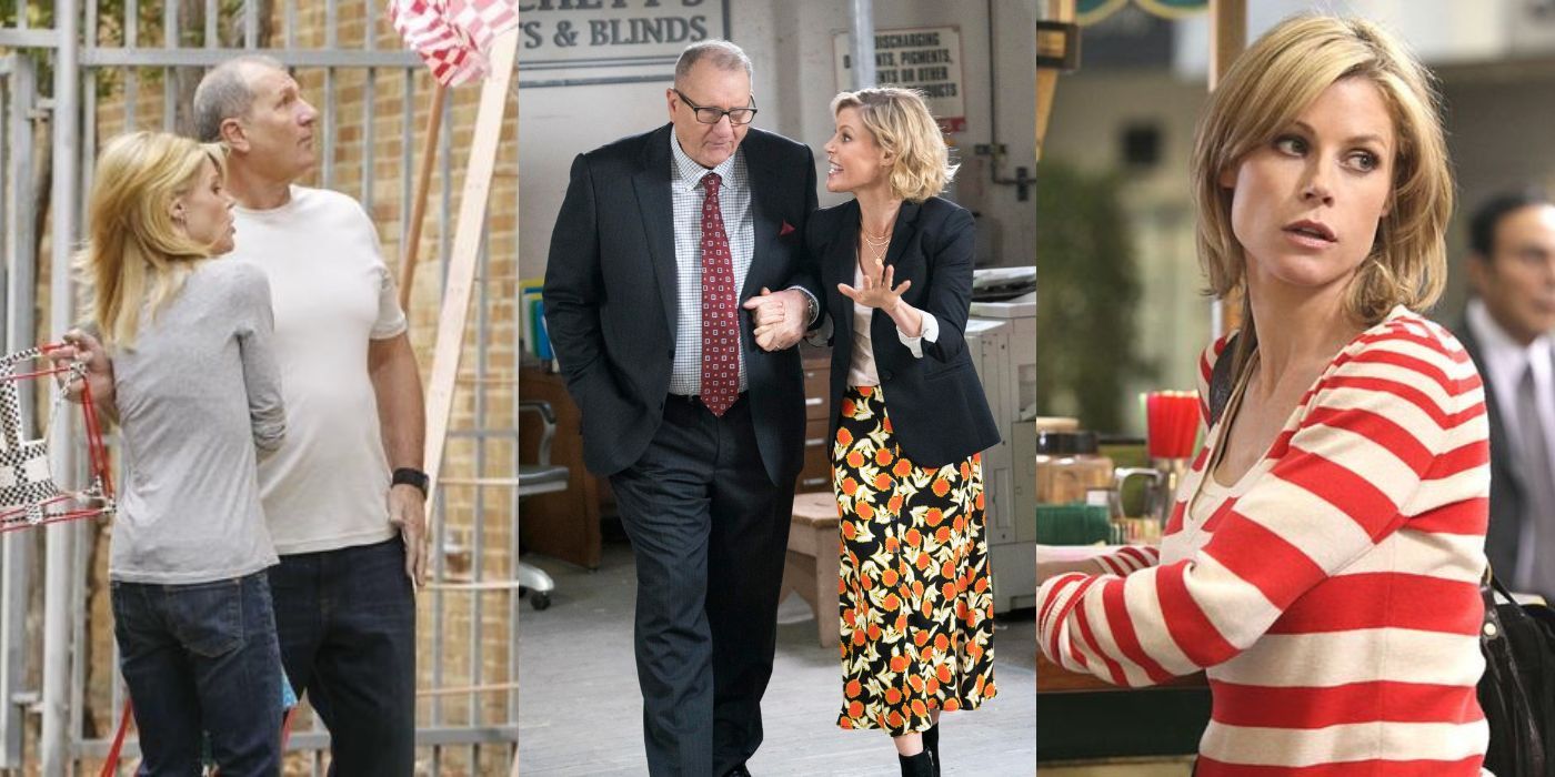 Three split images of Claire and Jay from Modern Family in different scenes