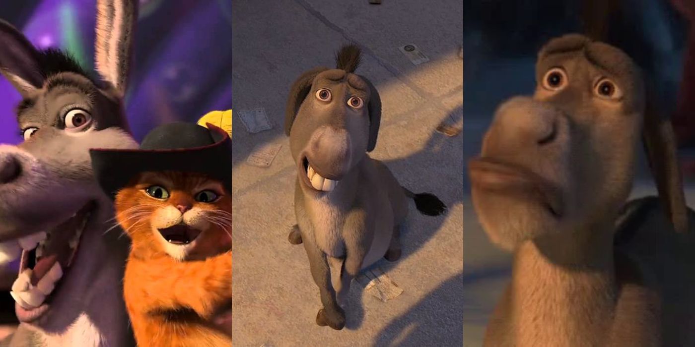 Three split images of Donkey and Puss from the Shrek franchise