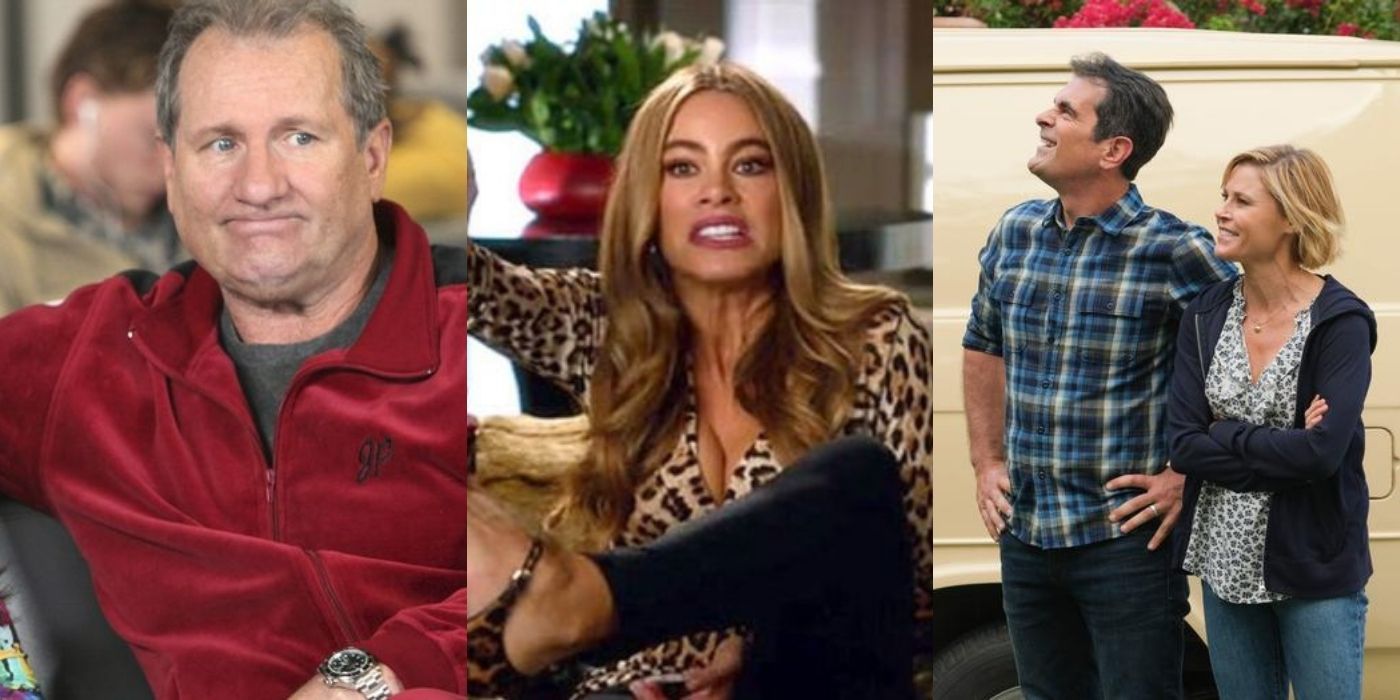 Three split images of Jay, Gloria, and the Dunphys from Modern Family