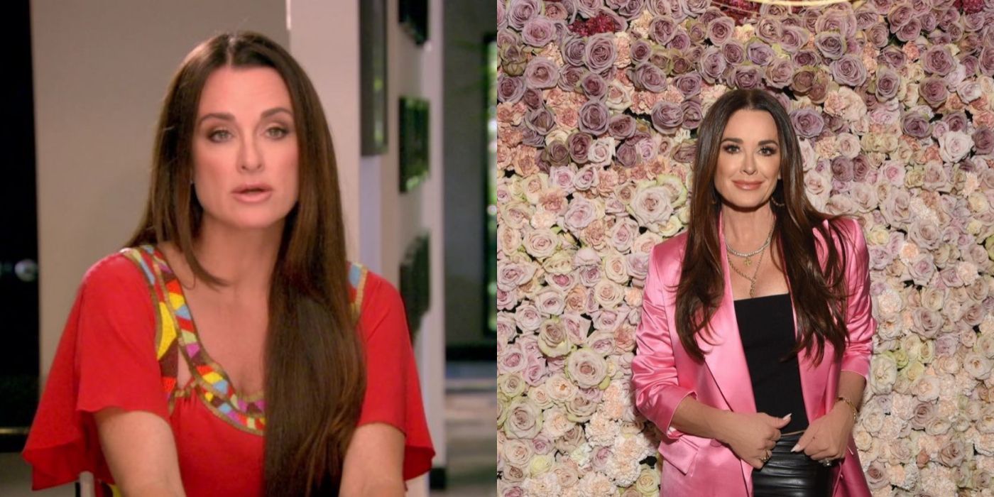 Three split images of Kyle Richards from season 1 to now on RHOBH