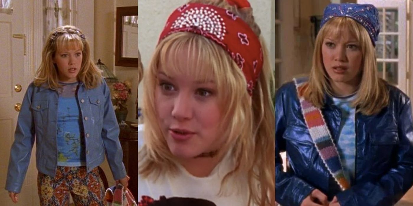 Three split images of Lizzie McGuire in different scenes showing off her style