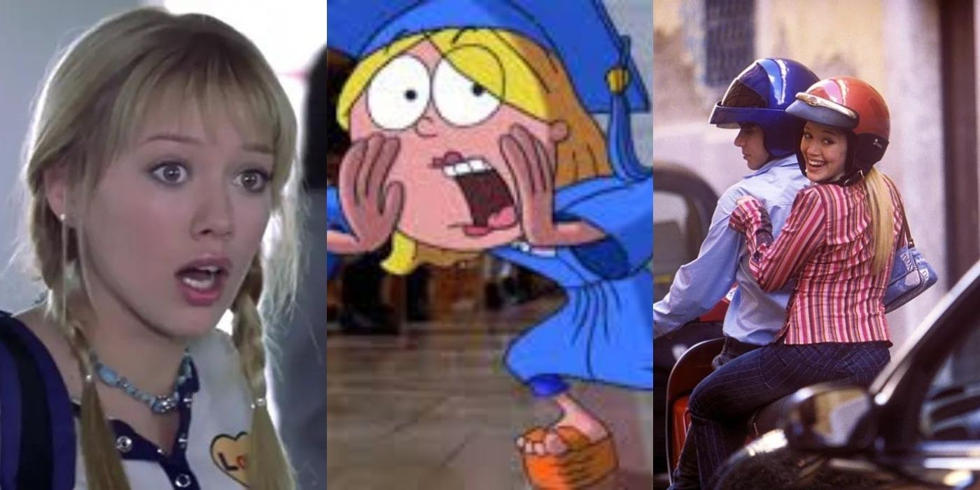 Three split images of Lizzie and friends in The Lizzie McGuire Movie