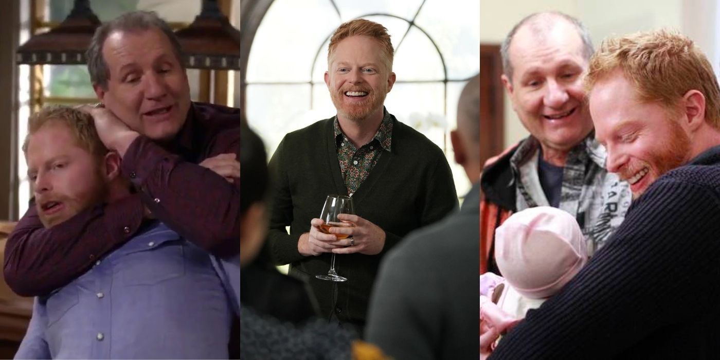 Three split images of Mitchell and Jay throughout Modern Family