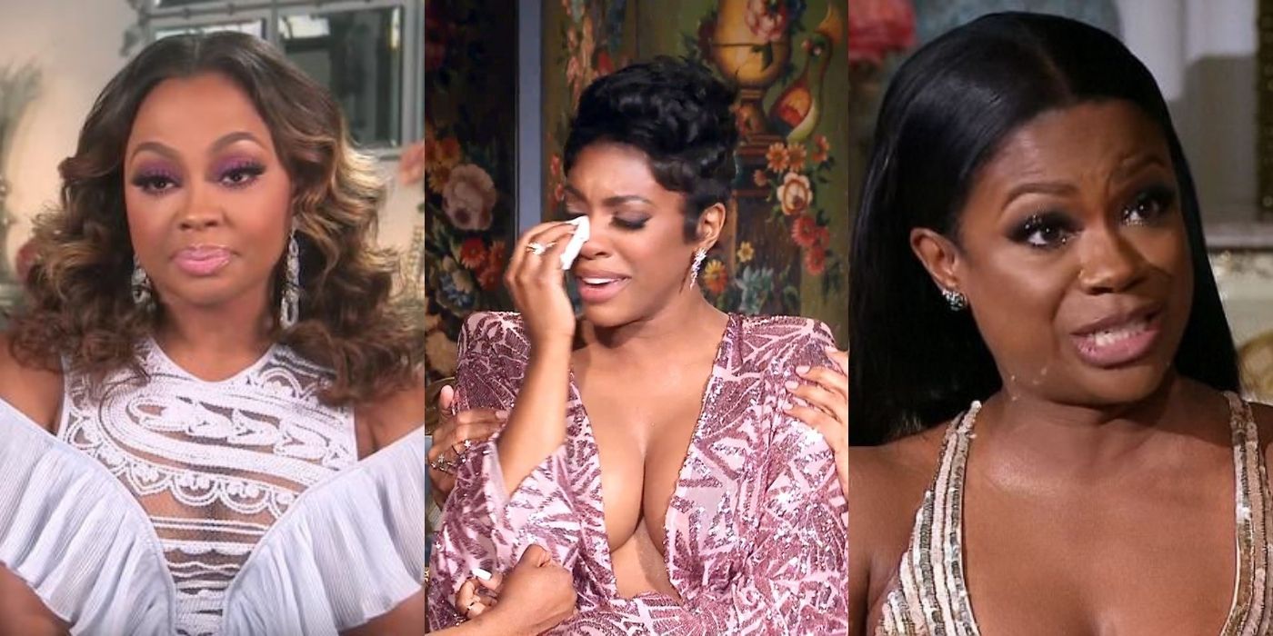 Three split images of Phaedra, Porsha, and Kandi bickering at the reunion on RHOA