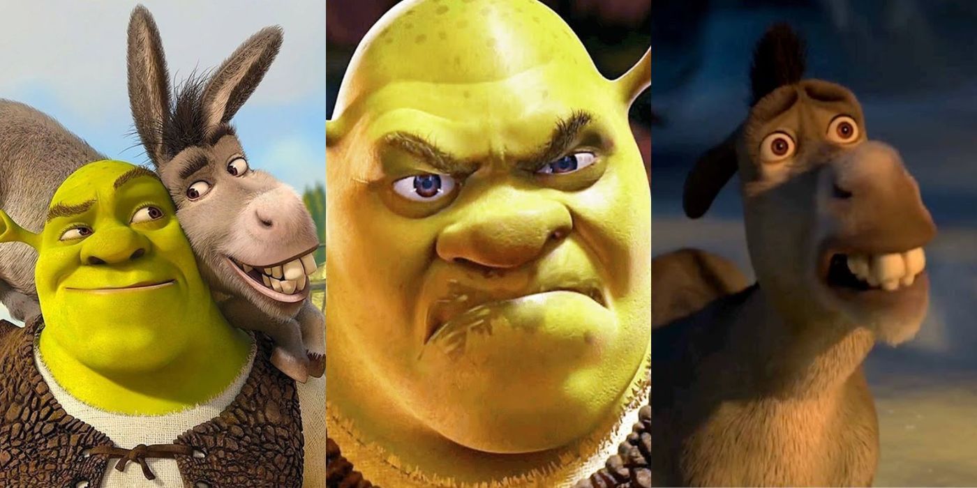 Three split images of Shrek and Donkey in the franchise