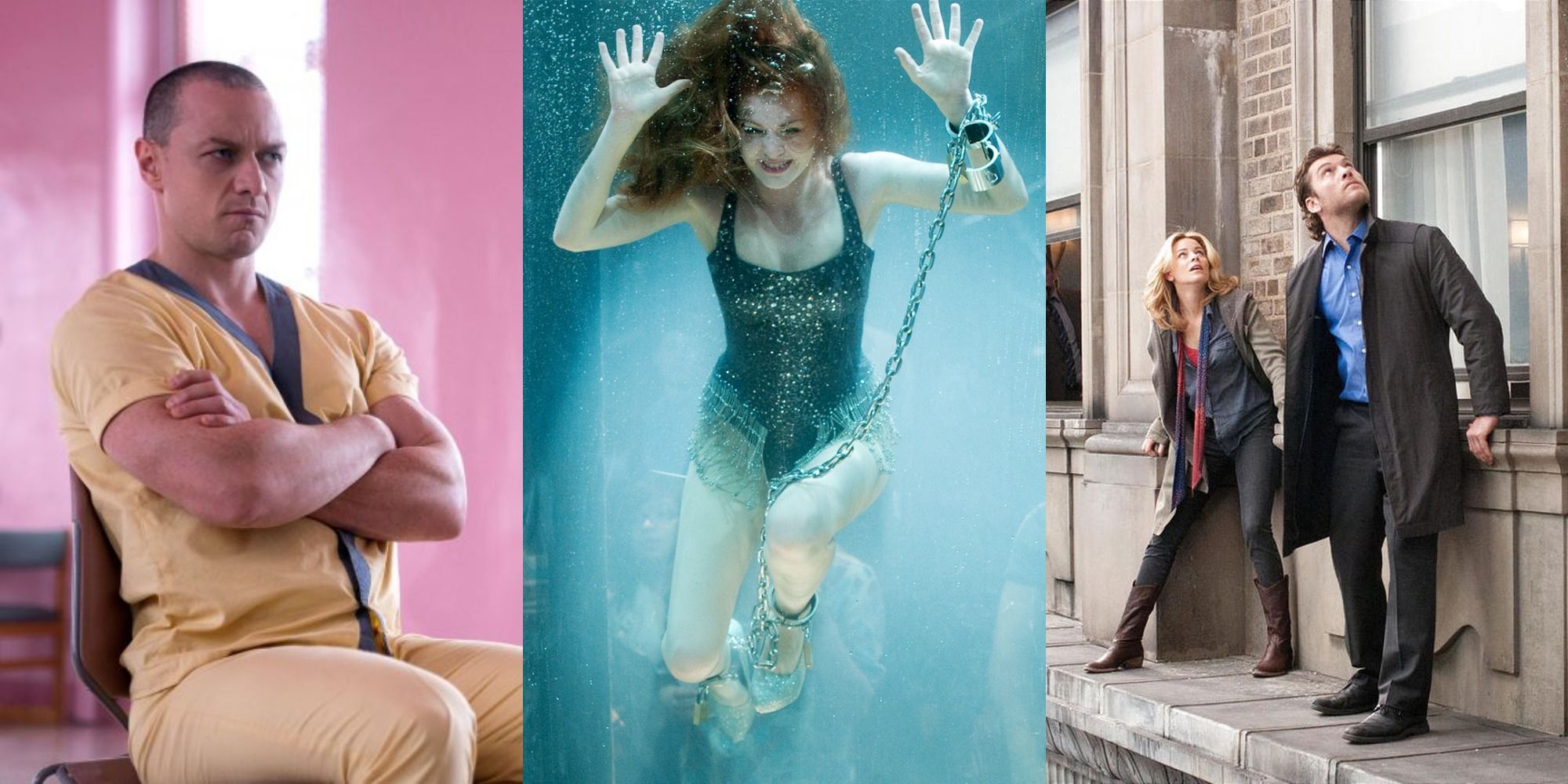 Split image of James McAvoy sitting in Glass, Isla Fisher drowning in Now You See Me, and Elizabeth Banks and Sam Worthington on a ledge in Man on a Ledge