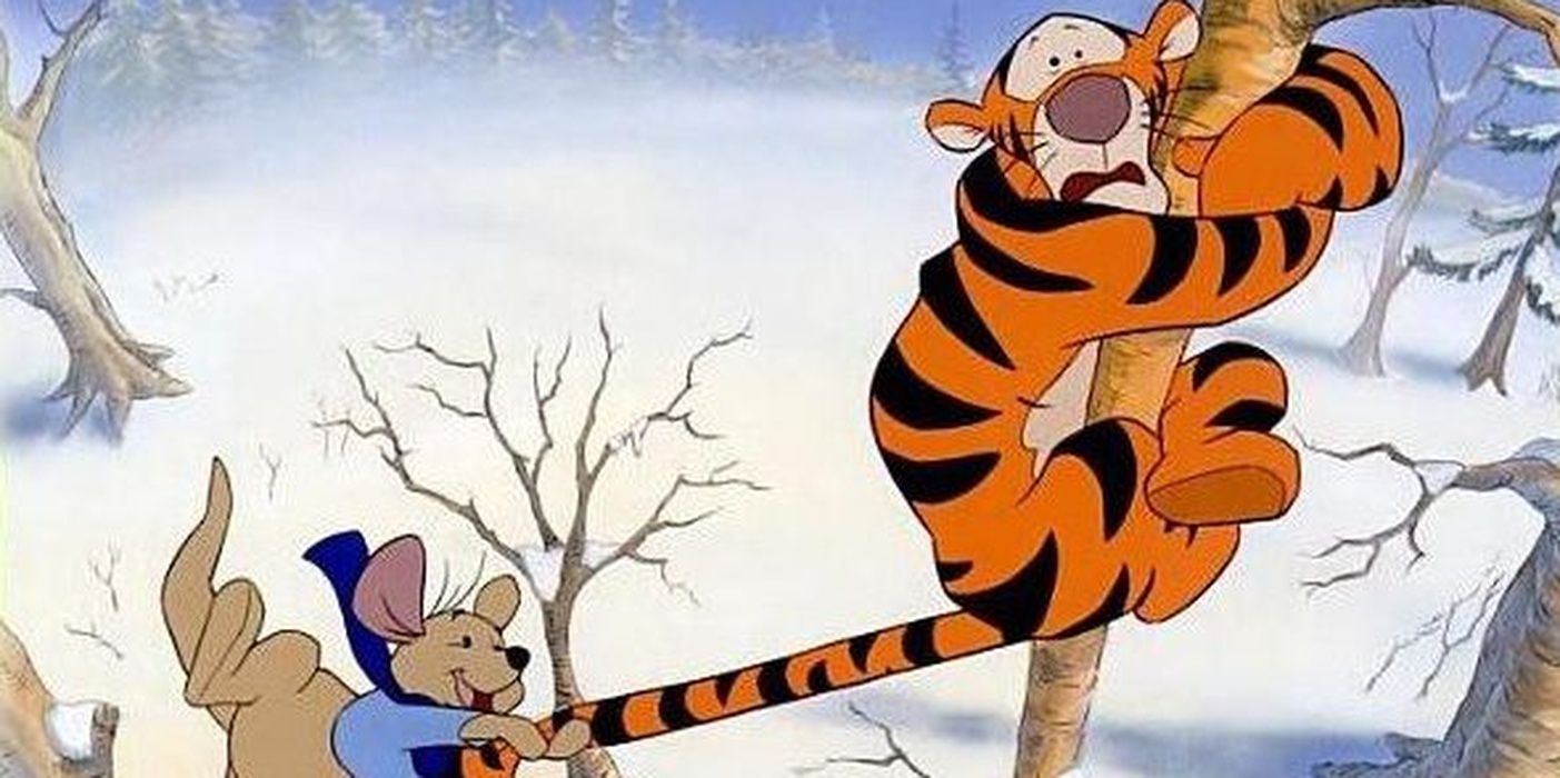 Tigger stuck in a tree with Roo