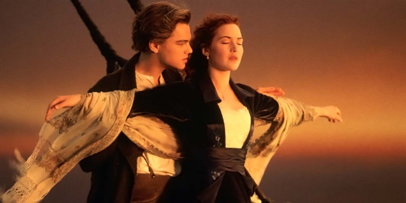 Jack holds Rose at the front of the ship in Titanic