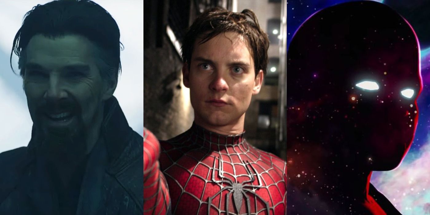 Split image of Evil Doctor Strange, Tobey Maguire as Spider-Man, and The Watcher from What If..?