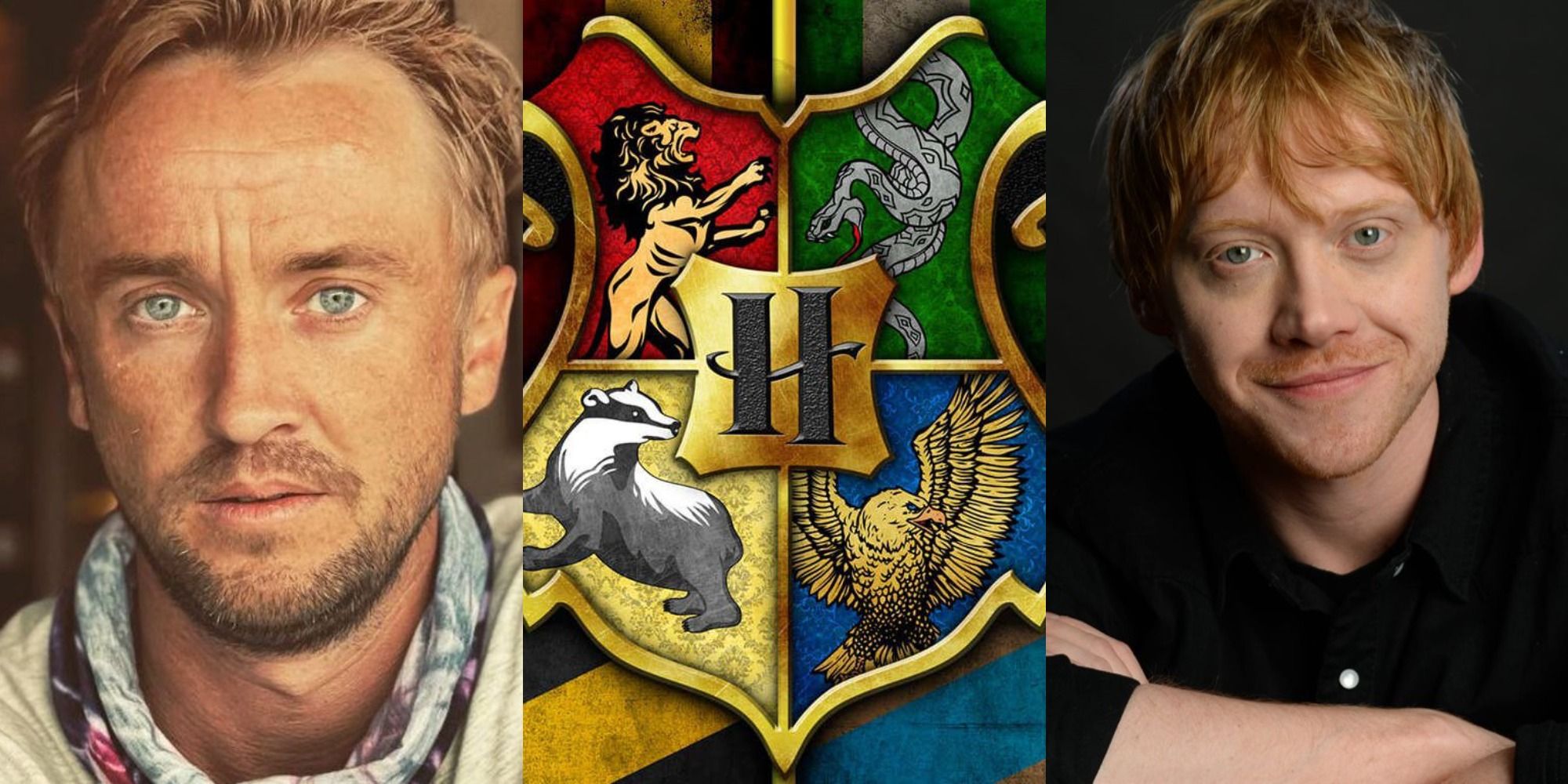 Split image showing Tom Felton, the Hogwarts coat of arms, and Rupert Grint