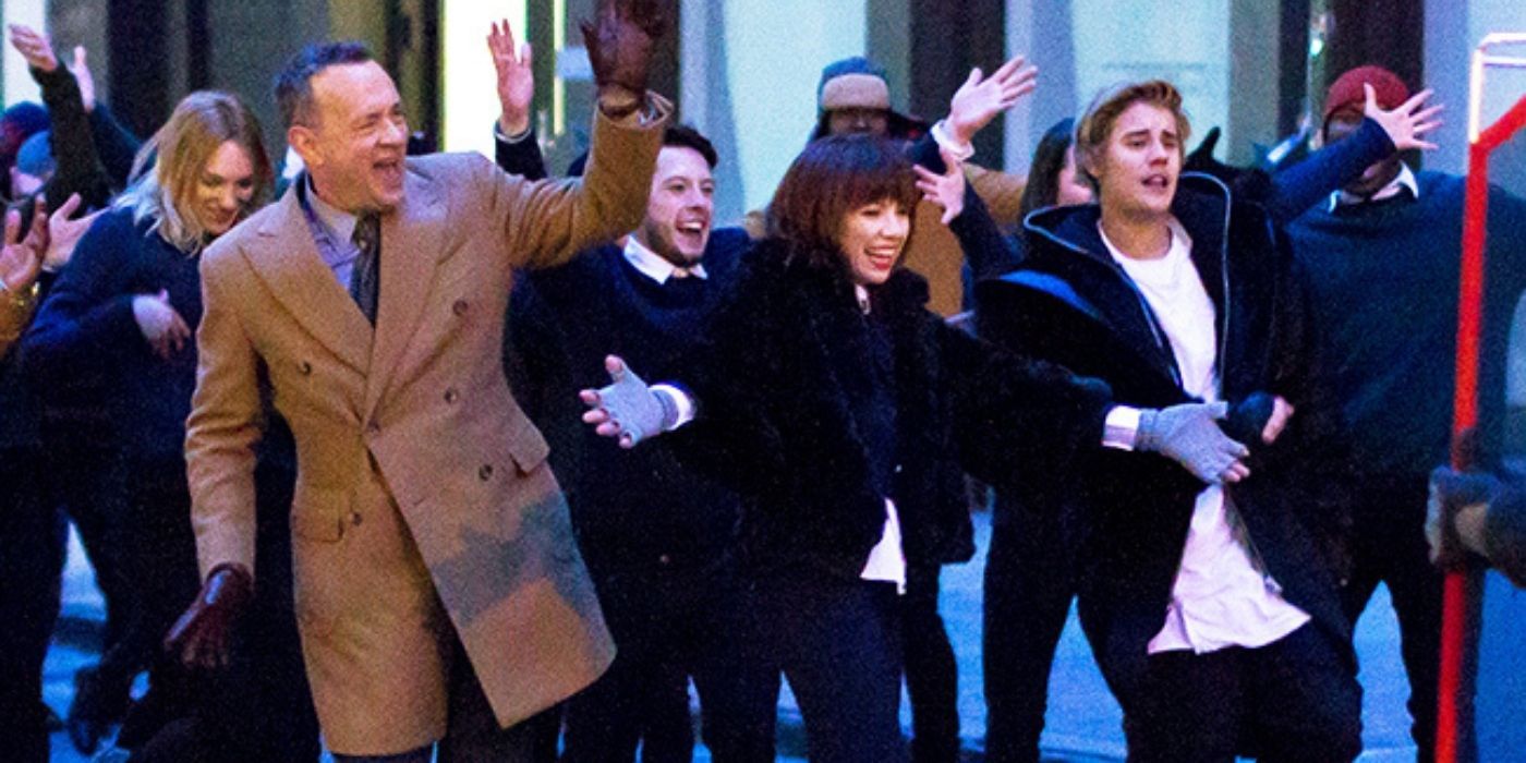 Tom Hanks dancing with Carly Rae Jepsen and Justin Bieber in the music video for I Really Like You