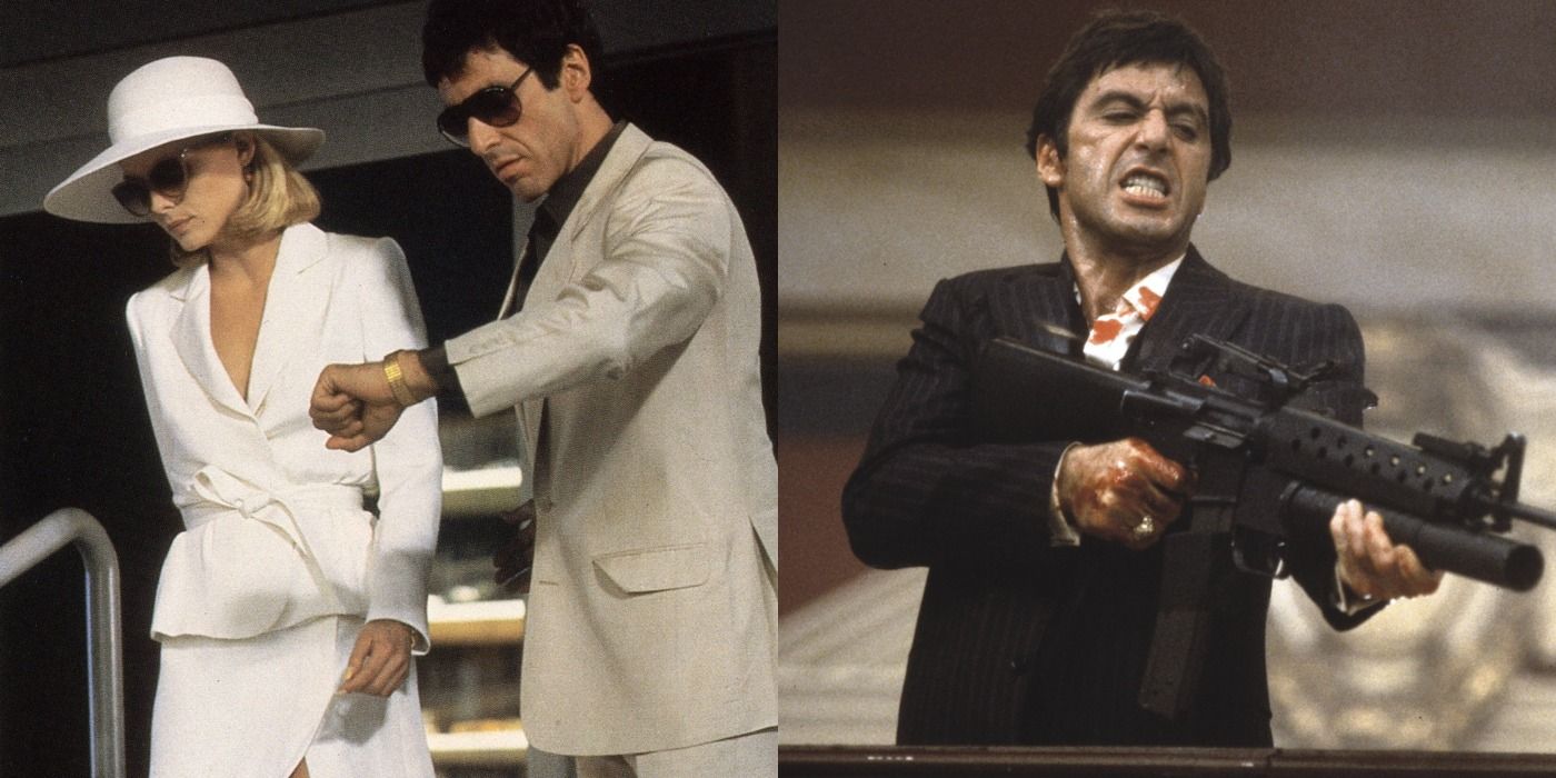 Split image showing Tony Montana with his wife and Tony shooting at Sosa's men in Scarface