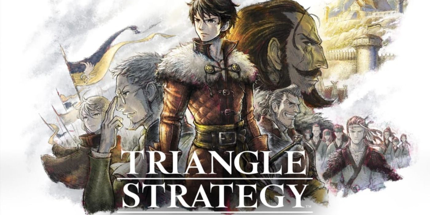 Promo art of Triangle Strategy with the hero character and the supporting cast in a collage behind him