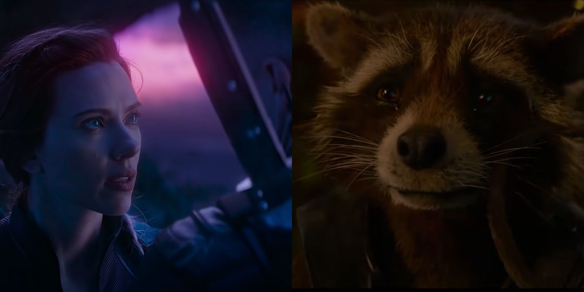 Two side by side images of Black Widow's sacrifice and Rocket crying after Groot dies